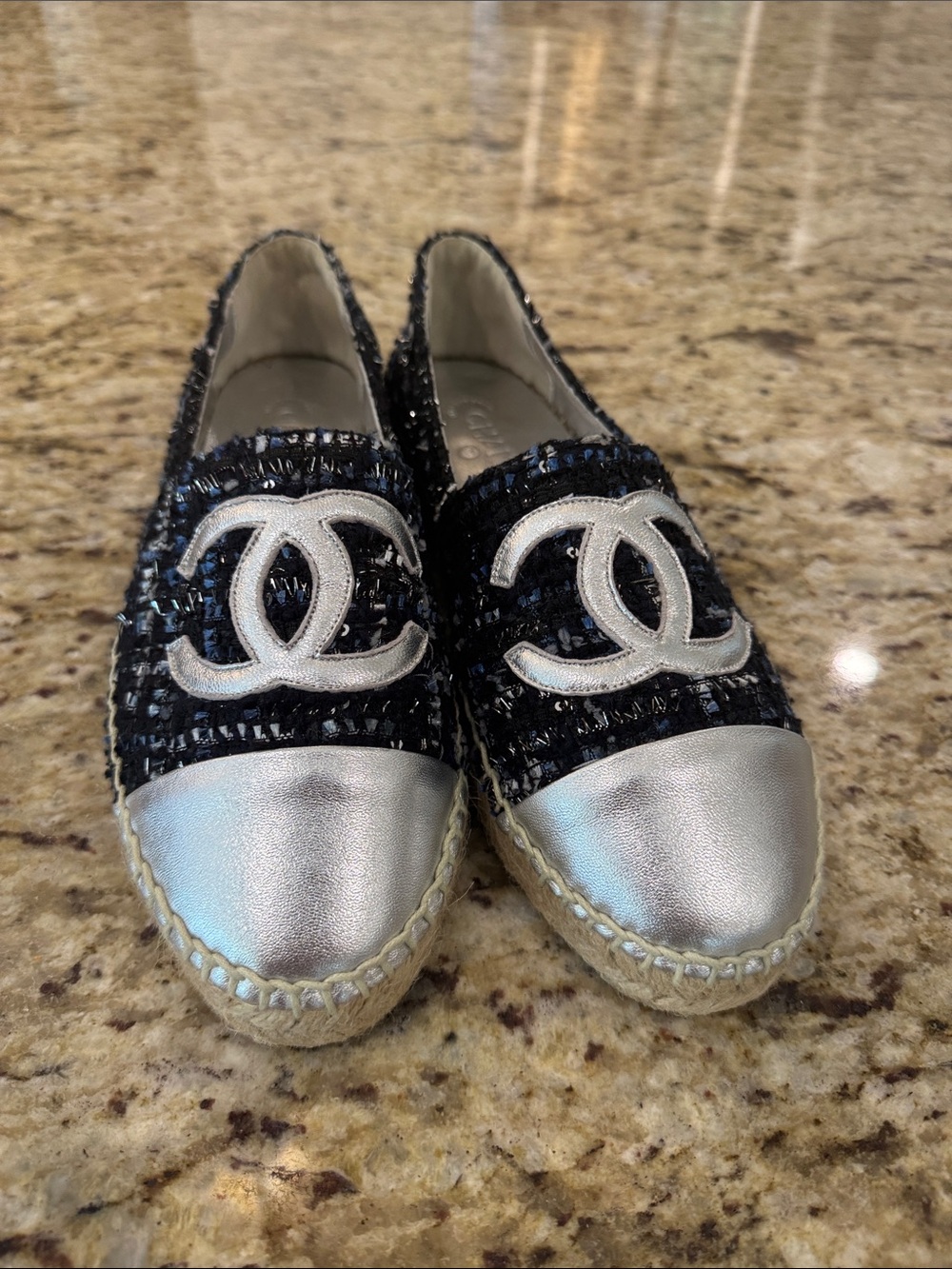 CHANEL Black Tweed Espadrilles with Silver Cap Toe and Logo